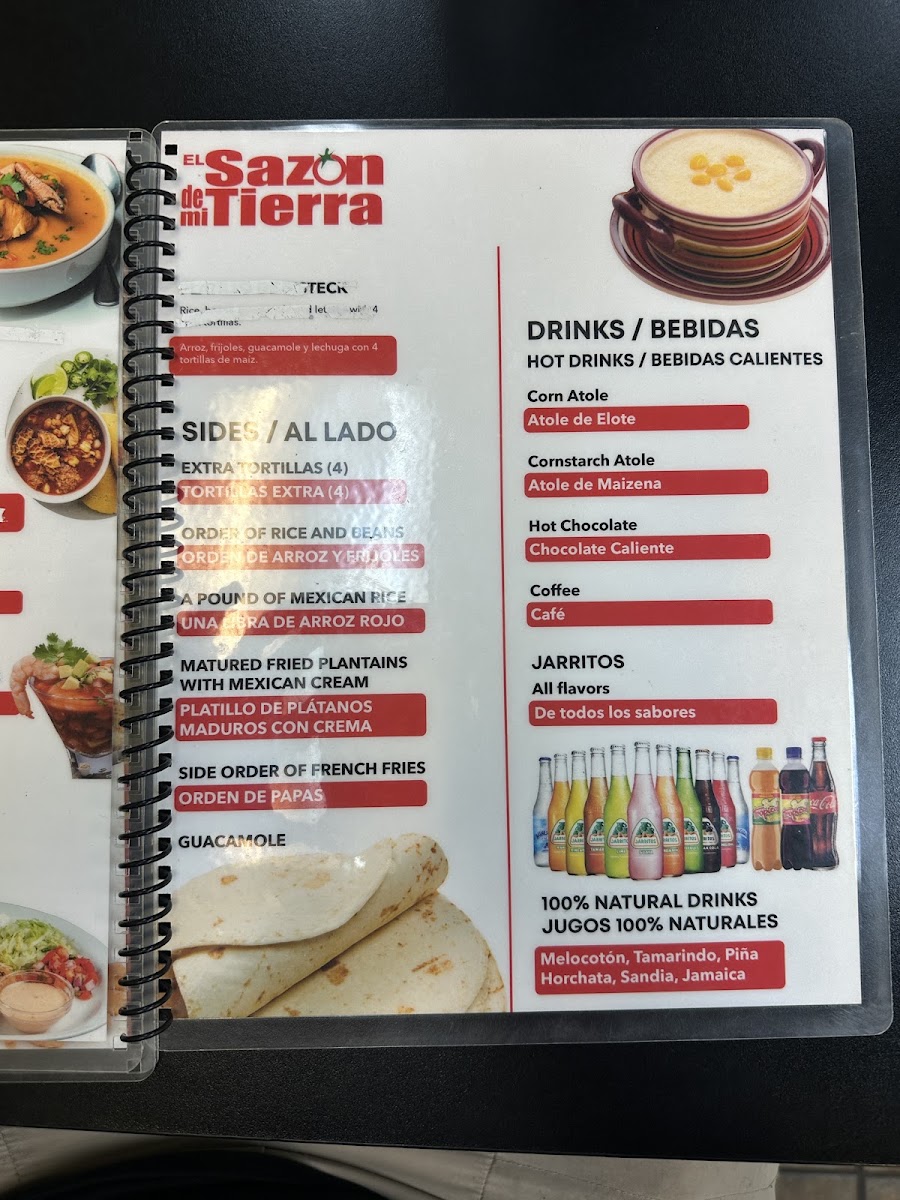 El Sazón De Mi Tierra menu board