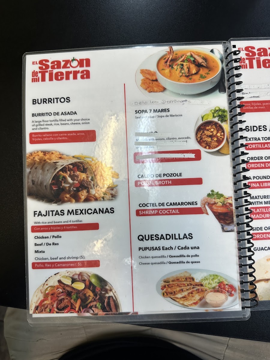 El Sazón De Mi Tierra menu board