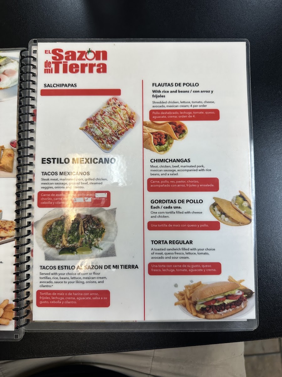 El Sazón De Mi Tierra menu board