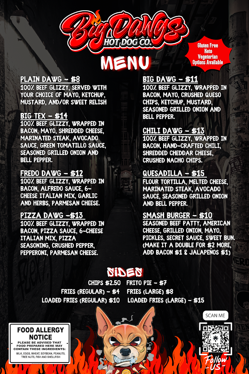 Big Dawgs Hot Dog Co. menu board
