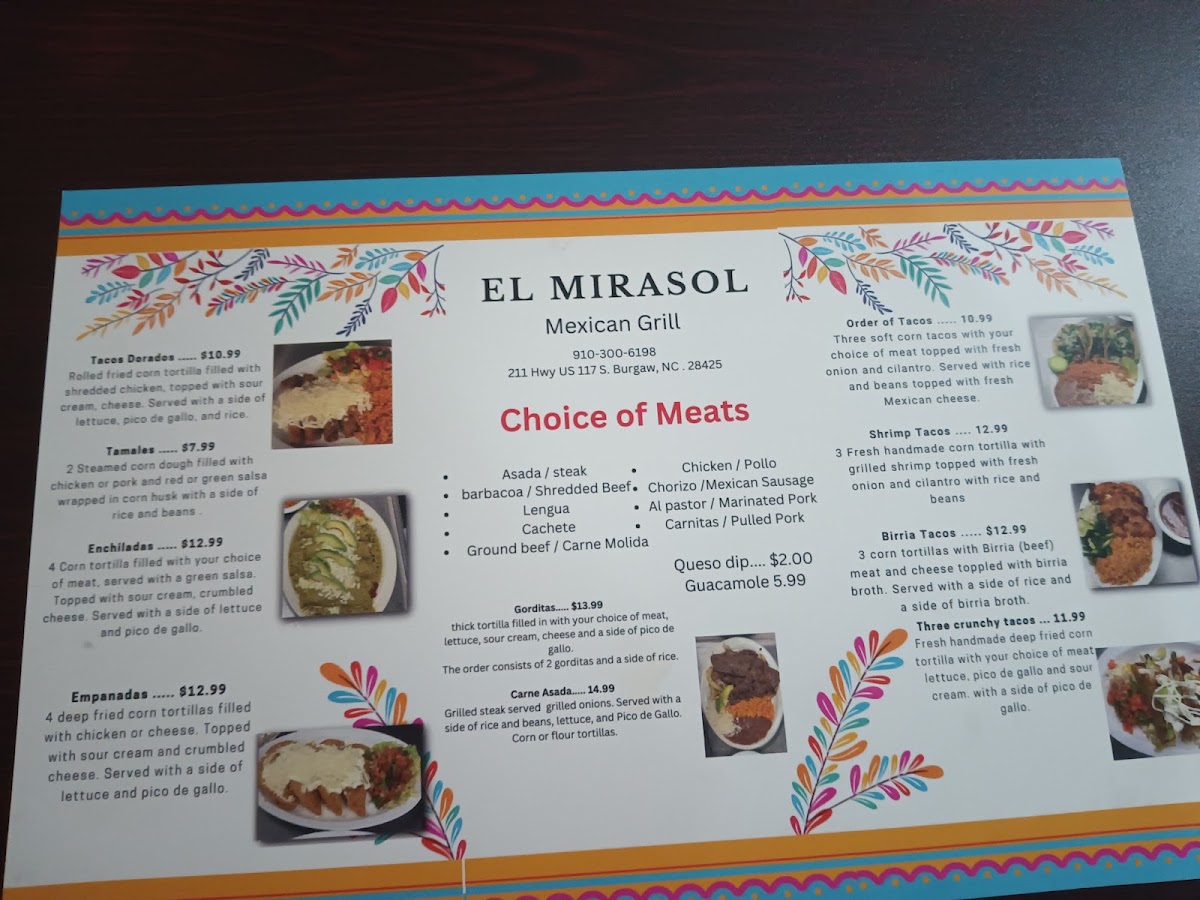 El Mirasol-Mexican Grill and Store menu board