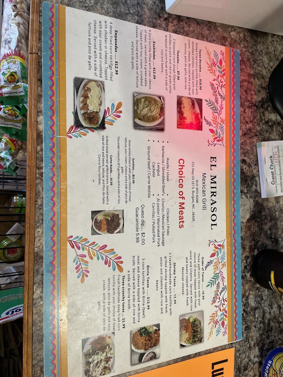 El Mirasol-Mexican Grill and Store menu board