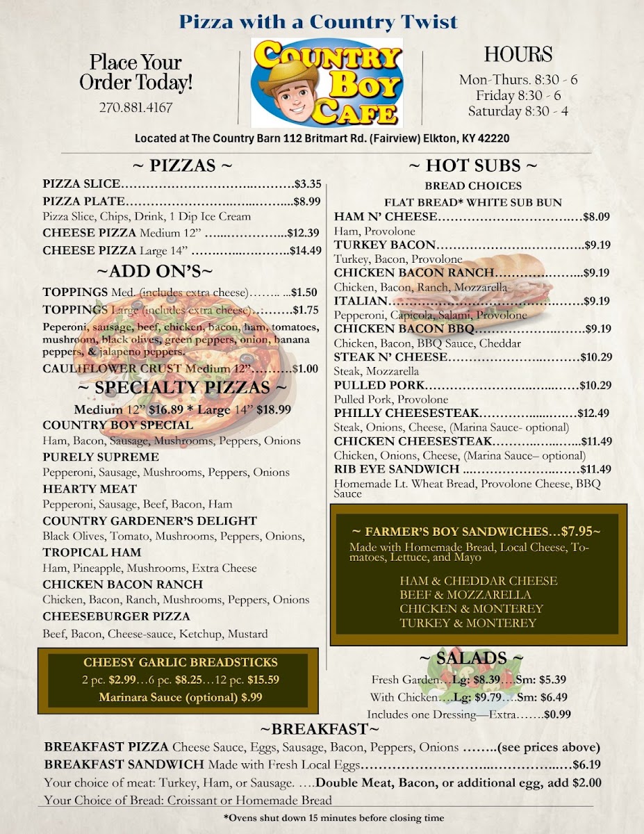 Country Boy Cafe menu board
