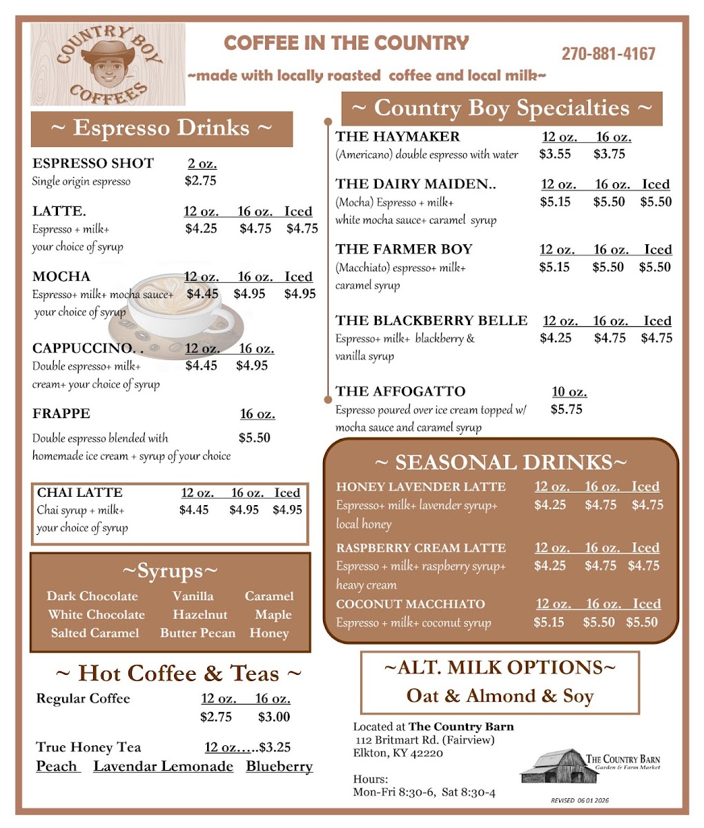 Country Boy Cafe menu board