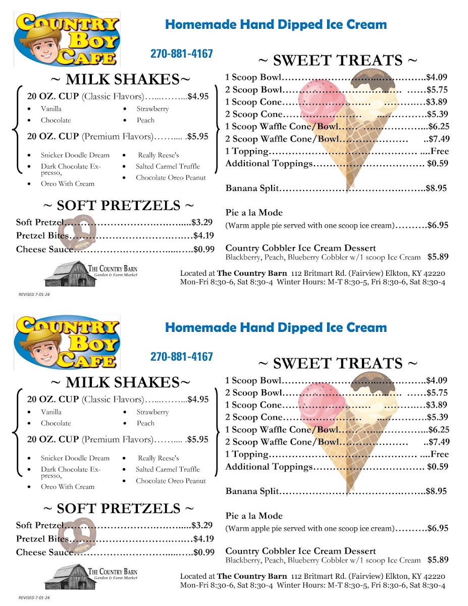 Country Boy Cafe menu board