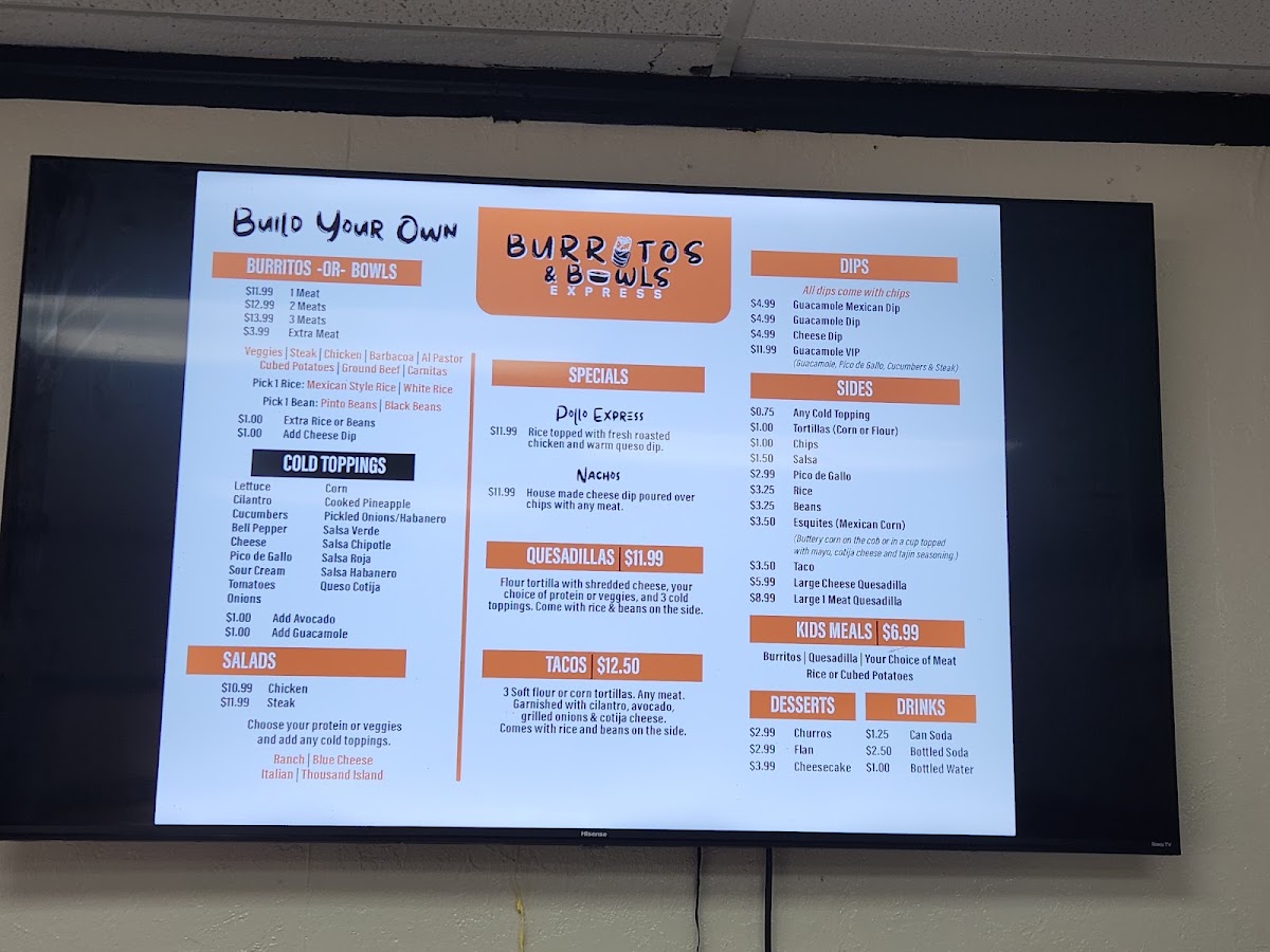 Burritos & Bowls Express menu board