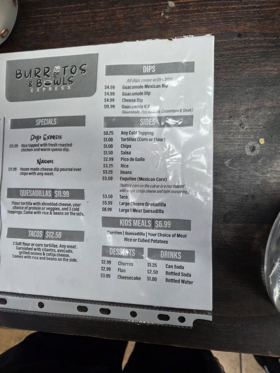 Burritos & Bowls Express menu board
