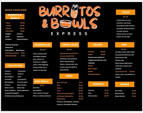 Burritos & Bowls Express menu board