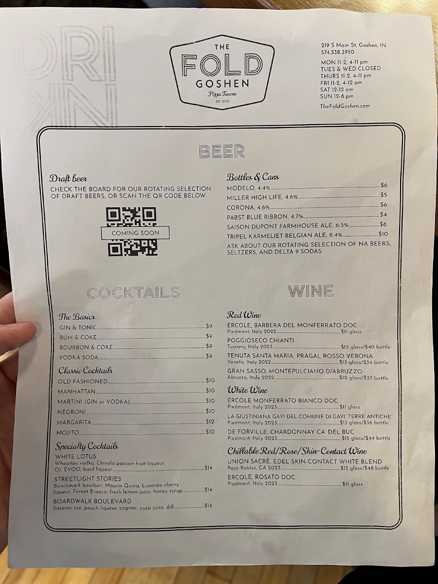 The Fold Goshen menu board