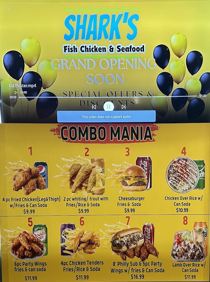 SHARK'S FISH CHICKEN & SEAFOOD menu board