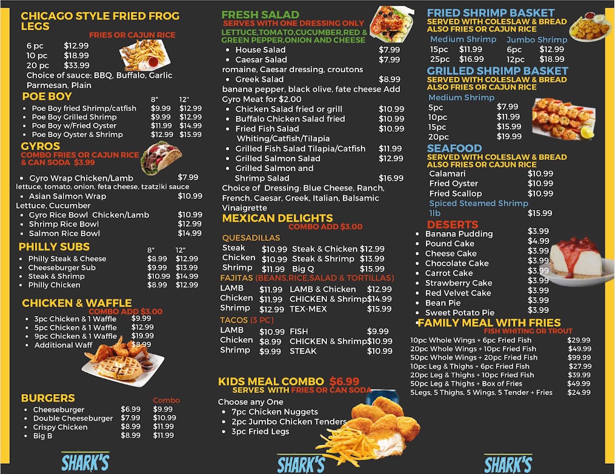 SHARK'S FISH CHICKEN & SEAFOOD menu board