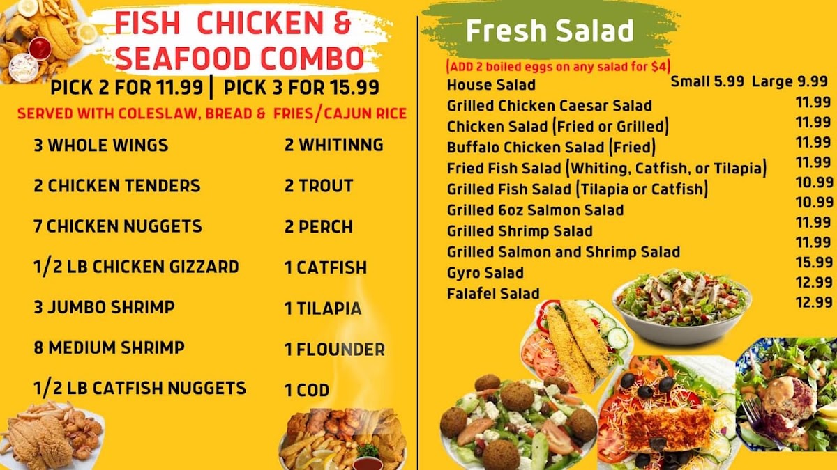 SHARK'S FISH CHICKEN & SEAFOOD menu board