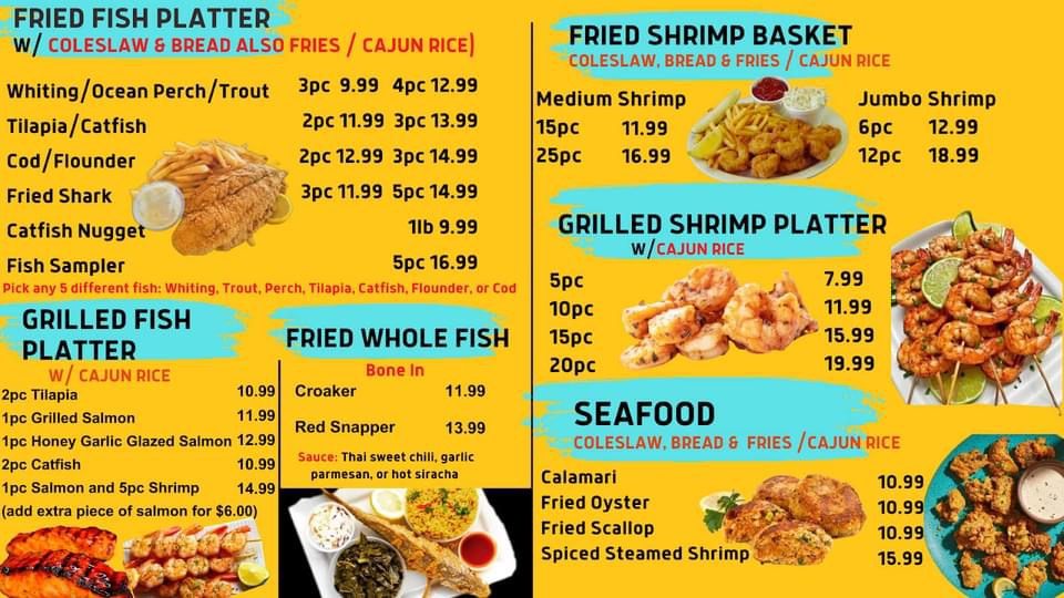 SHARK'S FISH CHICKEN & SEAFOOD menu board