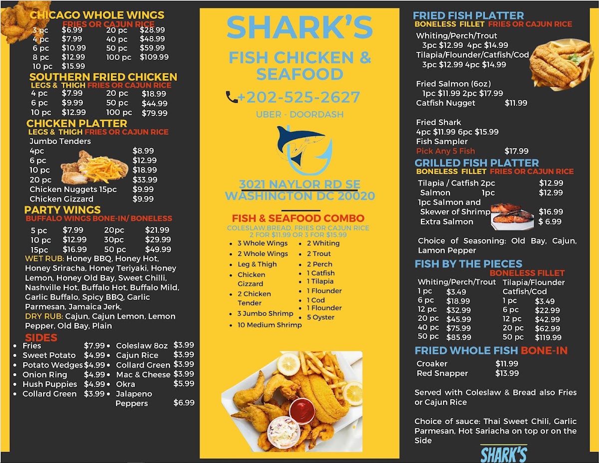 SHARK'S FISH CHICKEN & SEAFOOD menu board