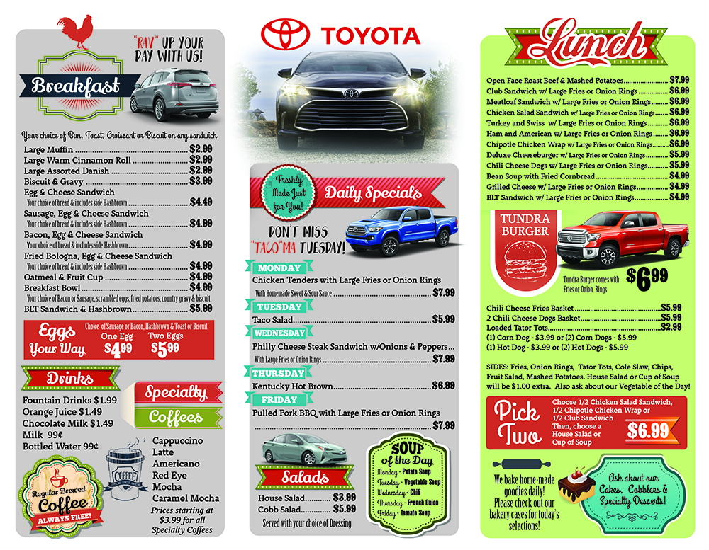 The Cafe at Swope Toyota menu board