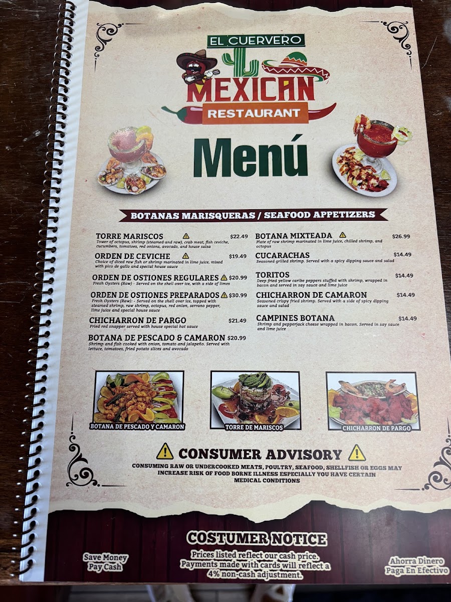 El Cuervero Mexican Restaurant menu board