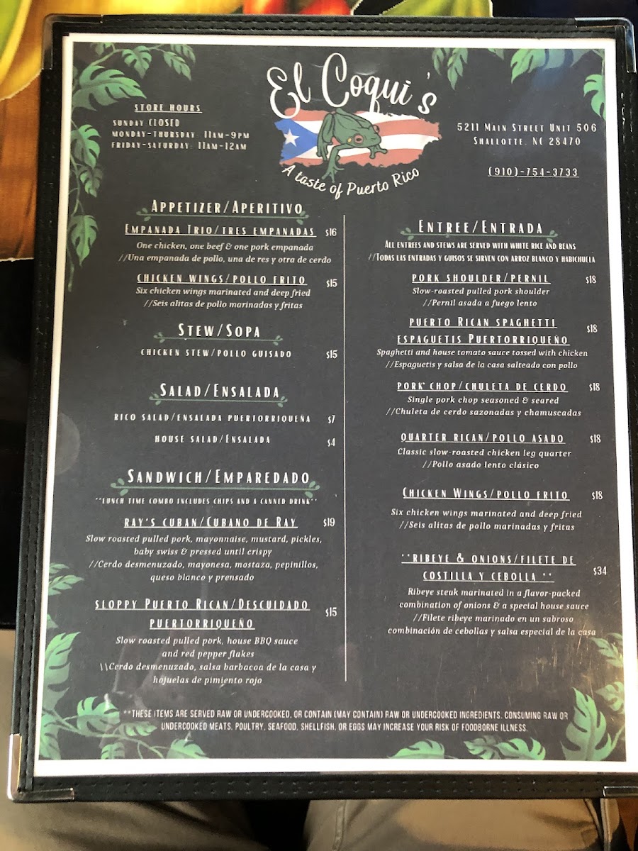 El Coqui’s Restaurant & Bar menu board