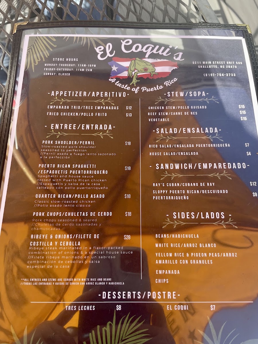 El Coqui’s Restaurant & Bar menu board