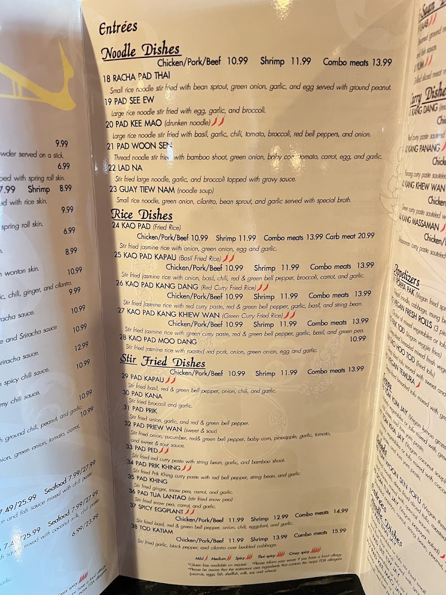 Racha thai cuisine Virginia Beach menu board