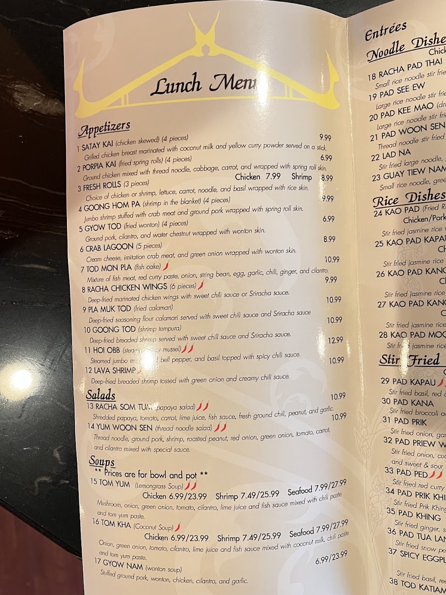 Racha thai cuisine Virginia Beach menu board