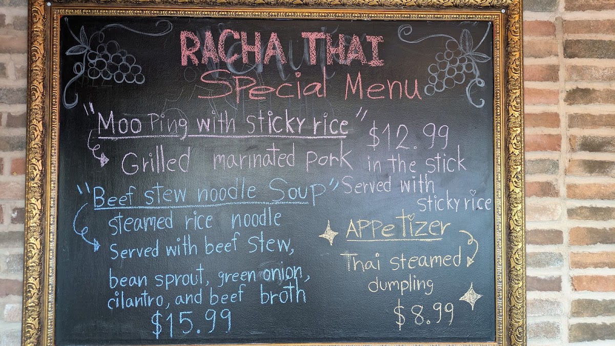 Racha thai cuisine Virginia Beach menu board
