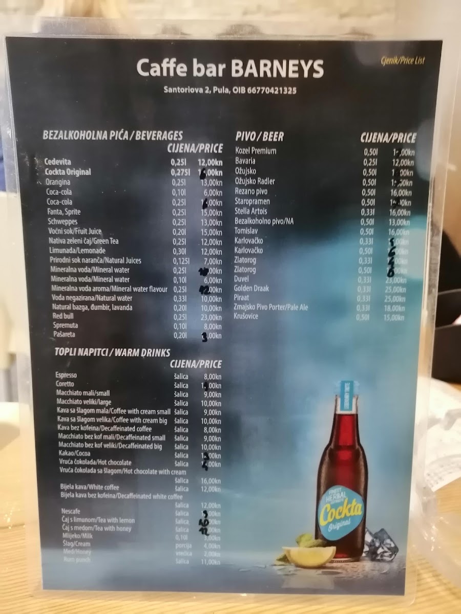Barney's Caffe menu board