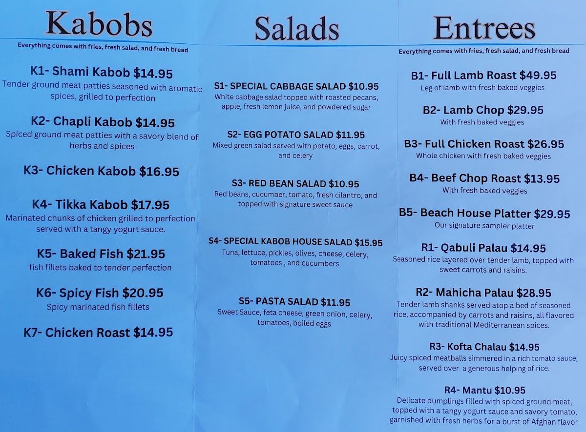 Beach Kabob House menu board