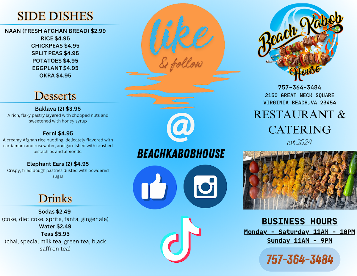Beach Kabob House menu board