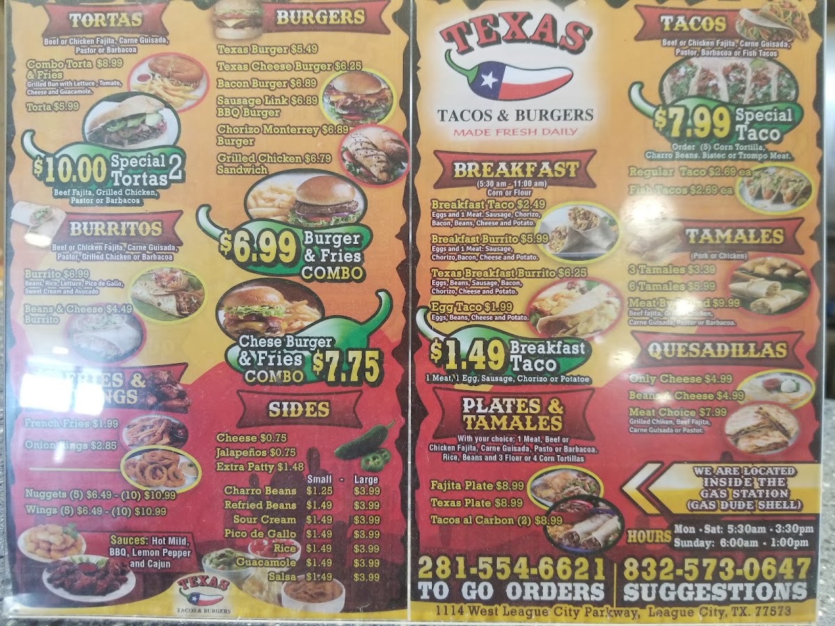 Texas Taco and burgers menu board