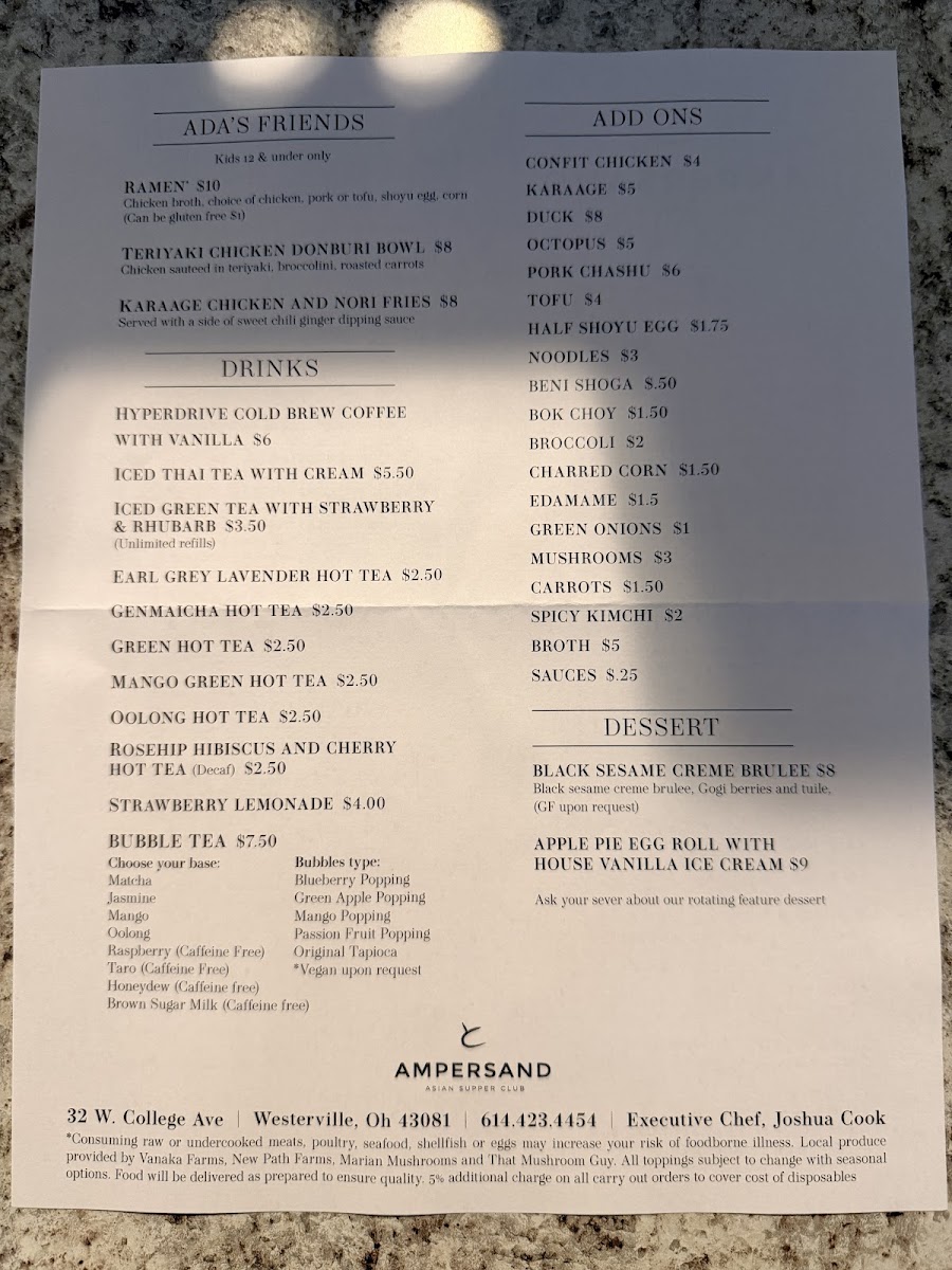 Ampersand Asian Supper Club menu board
