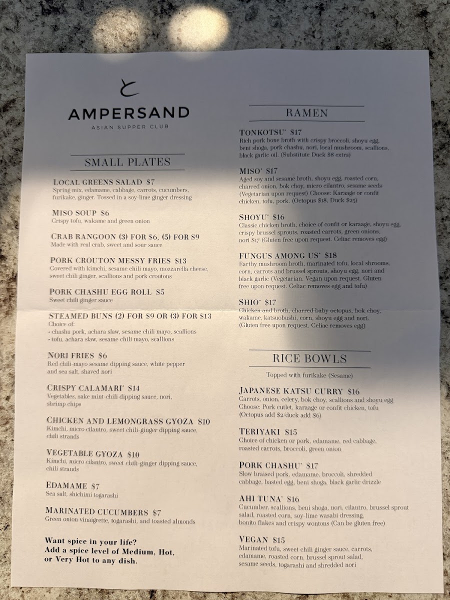 Ampersand Asian Supper Club menu board