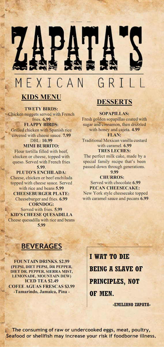 Zapata's Mexican Grill menu board