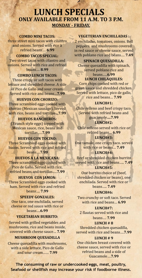 Zapata's Mexican Grill menu board