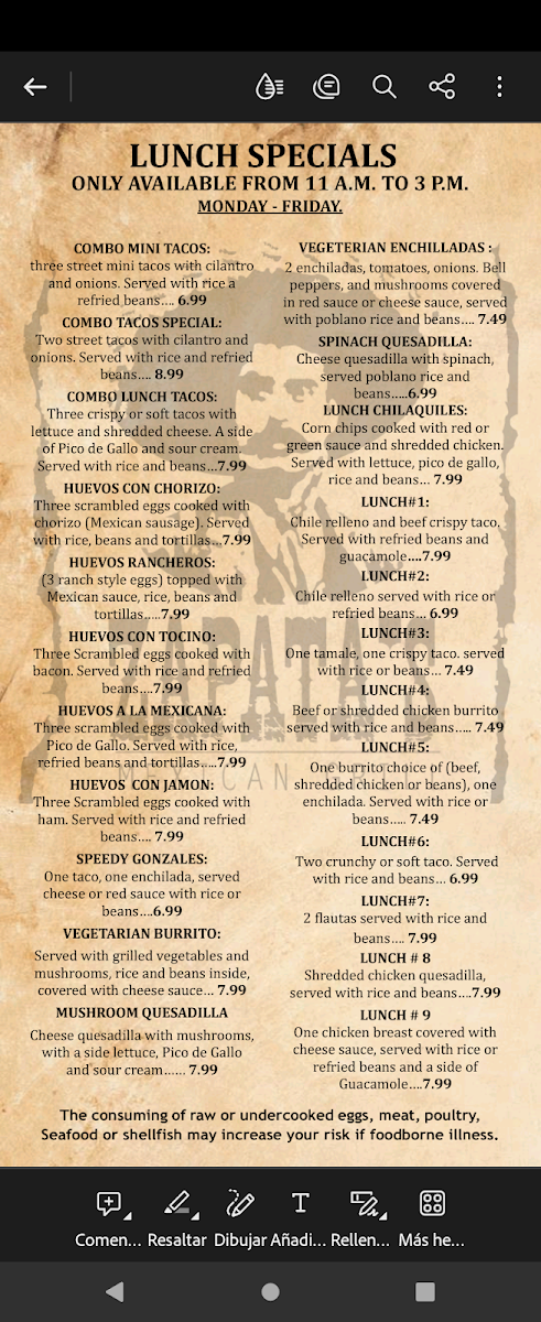 Zapata's Mexican Grill menu board