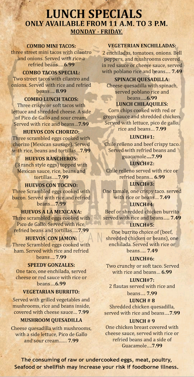 Zapata's Mexican Grill menu board