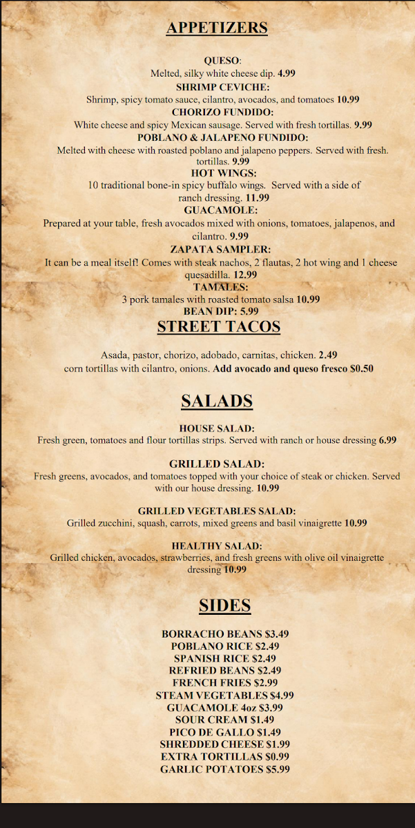 Zapata's Mexican Grill menu board
