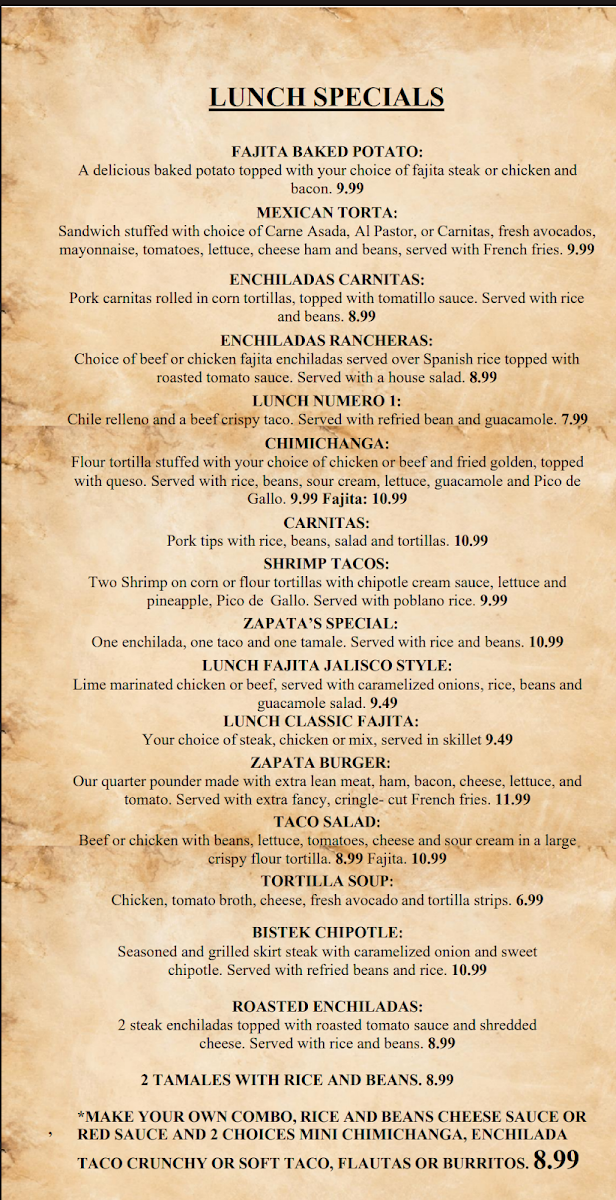 Zapata's Mexican Grill menu board
