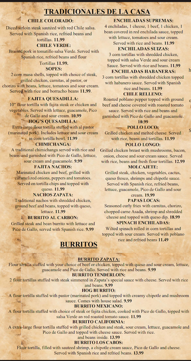 Zapata's Mexican Grill menu board