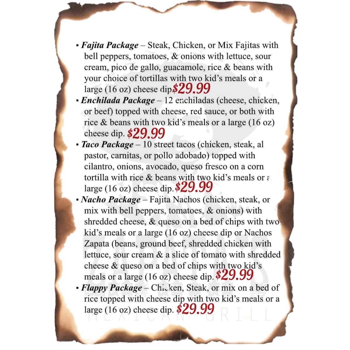 Zapata's Mexican Grill menu board