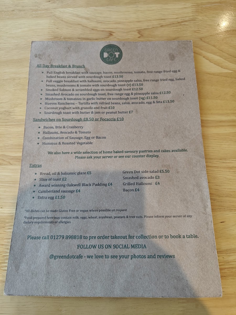 Green Dot Café menu board