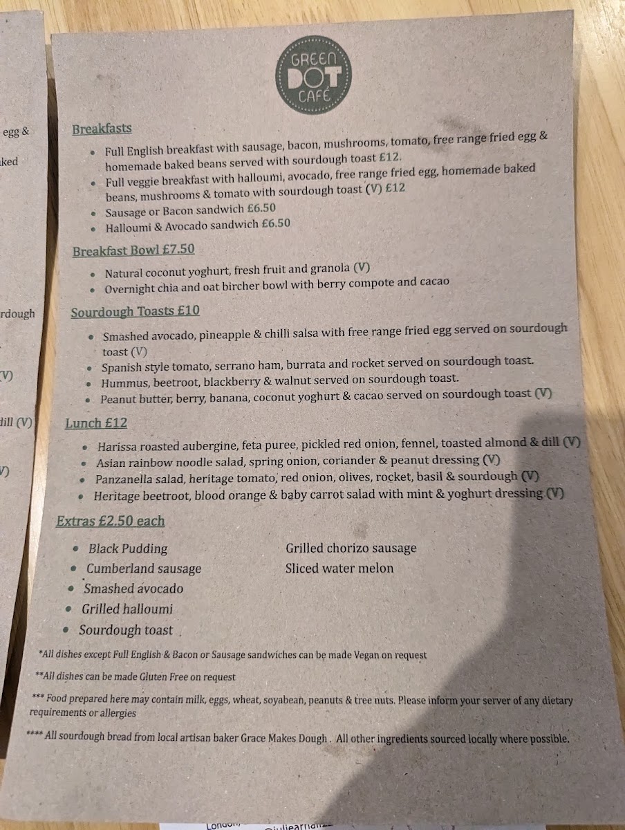 Green Dot Café menu board