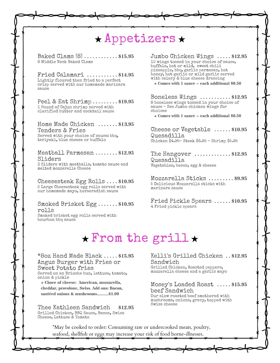 Mosey’s Roadhouse menu board