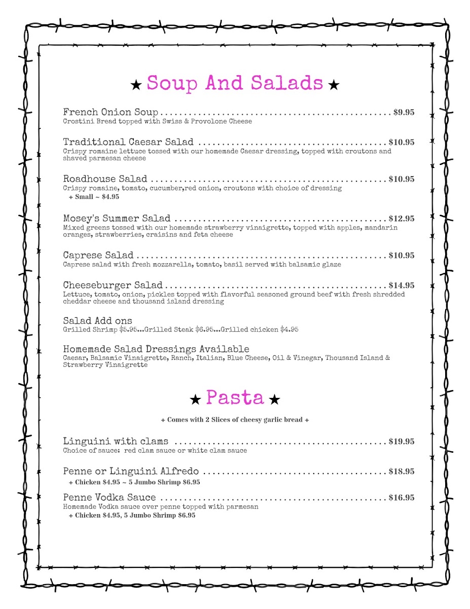 Mosey’s Roadhouse menu board