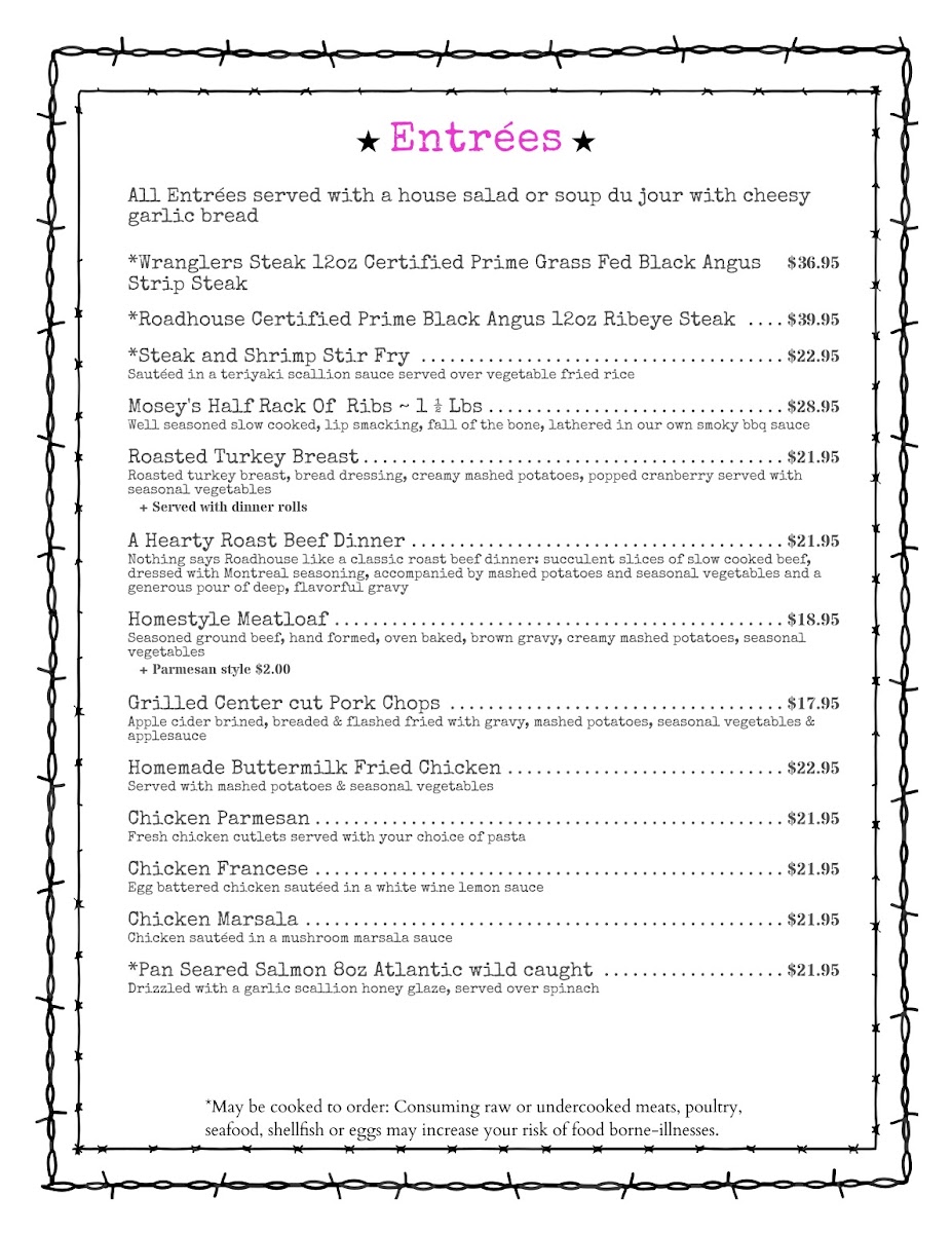 Mosey’s Roadhouse menu board