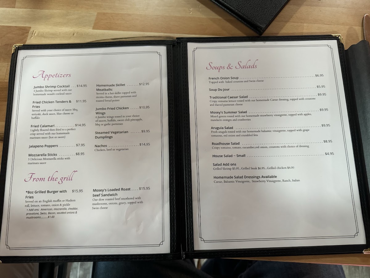 Mosey’s Roadhouse menu board