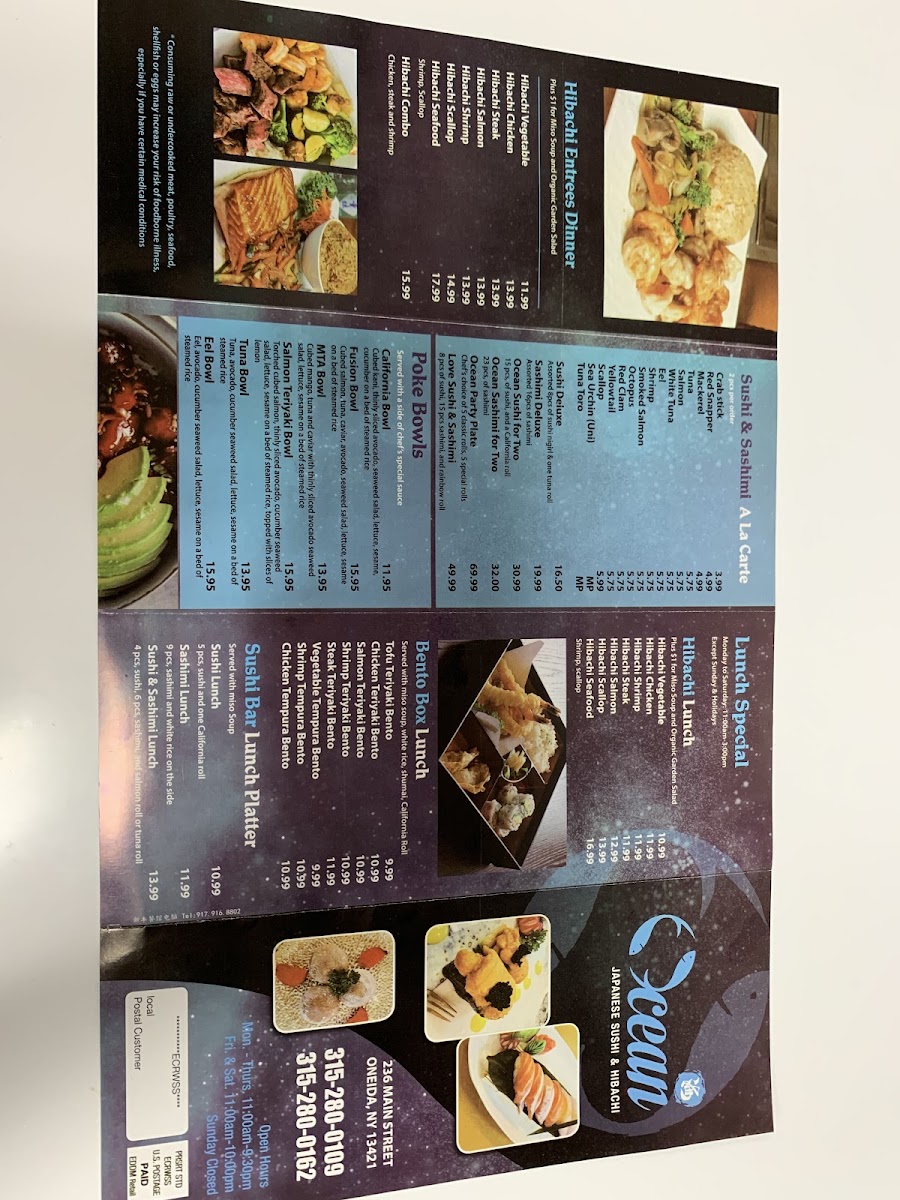 Ocean Sushi menu board