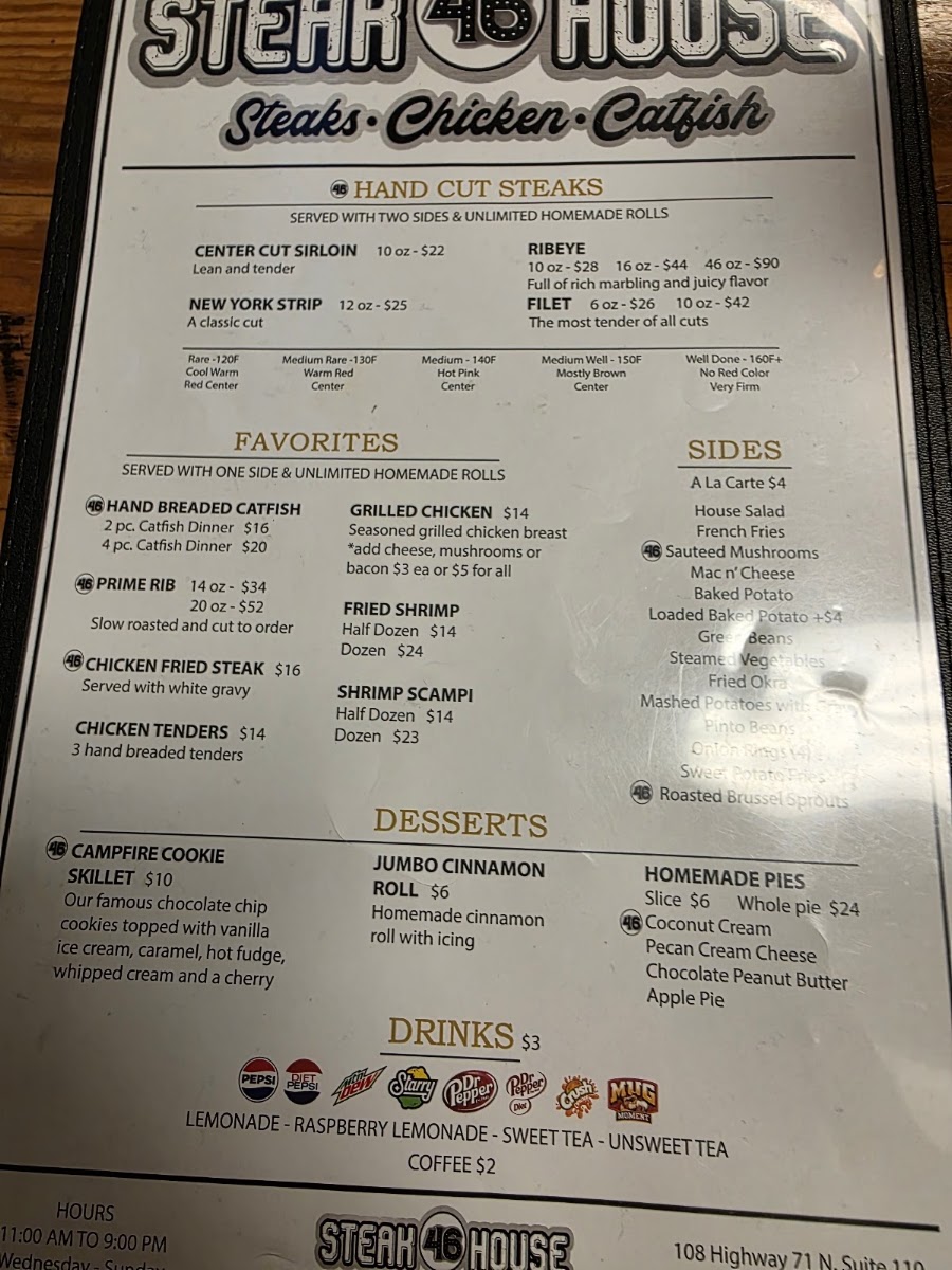 46 Steakhouse menu board