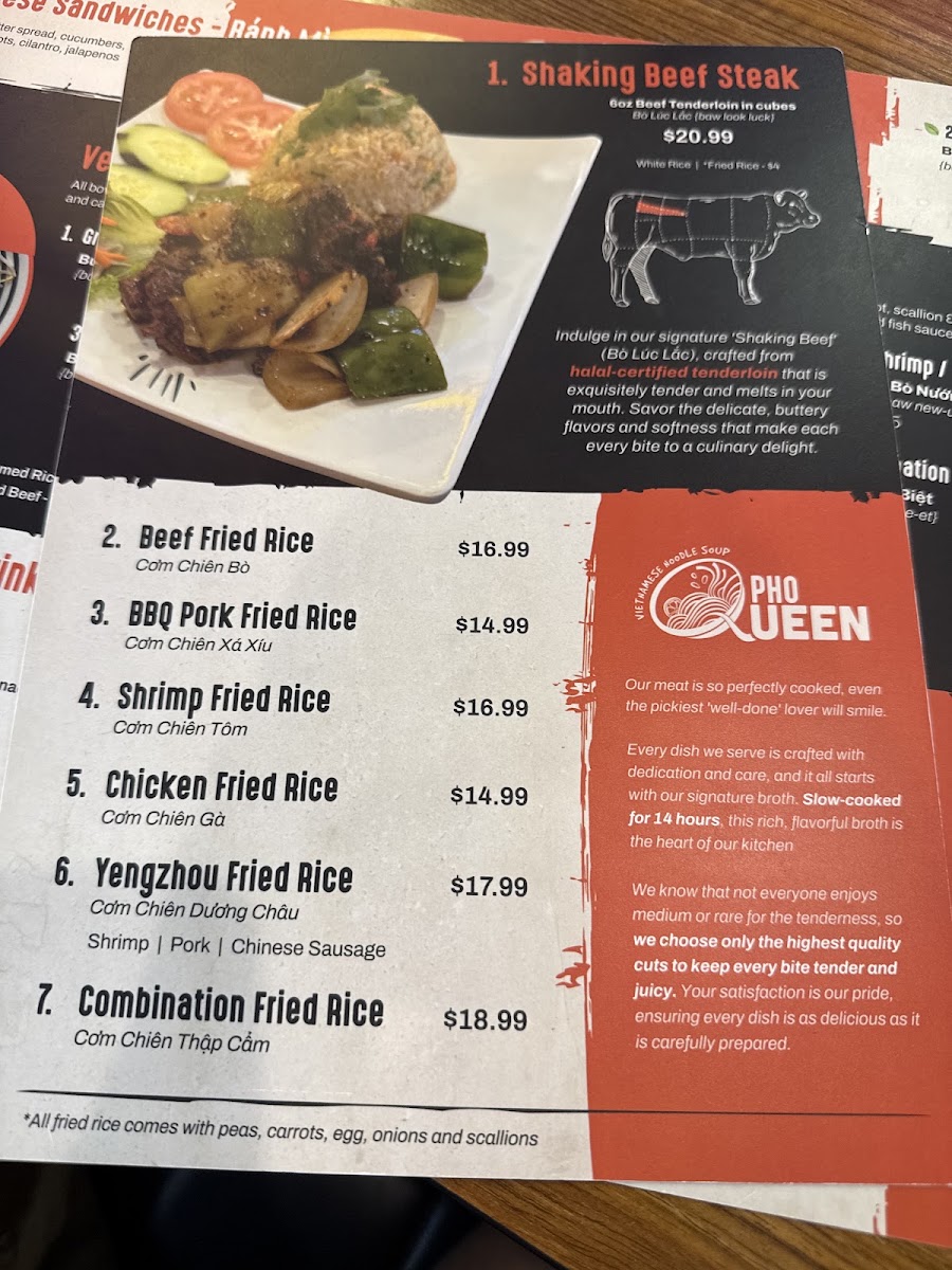 Pho Queen menu board