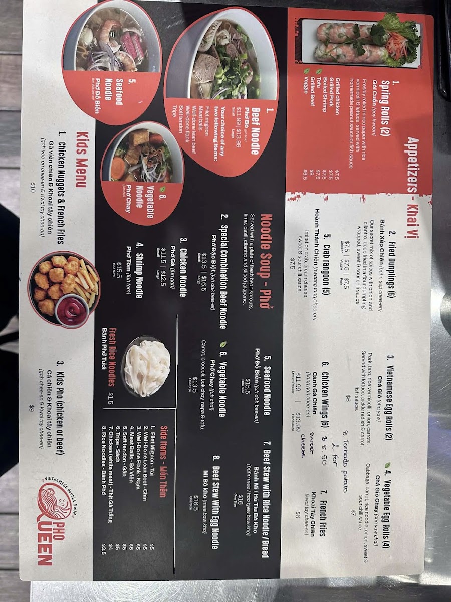 Pho Queen menu board