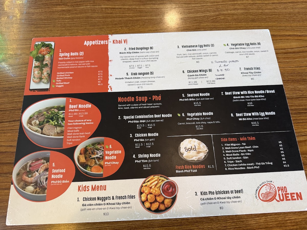 Pho Queen menu board